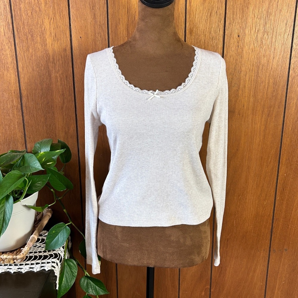 Charlotte Russe Ribbed Knit Long Sleeve Top Lace‎ Trim Bow Cream XL